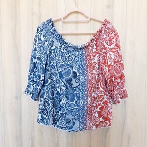 Chico's Off Shoulder Blouse Size 1 Medium Red Blue Floral Cotton Boho Americana
